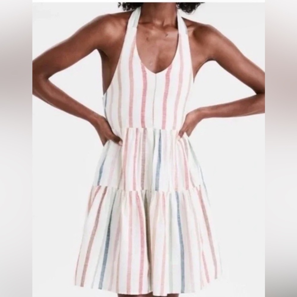 American Eagle NWT linen blend Halter Dress striped with pockets L